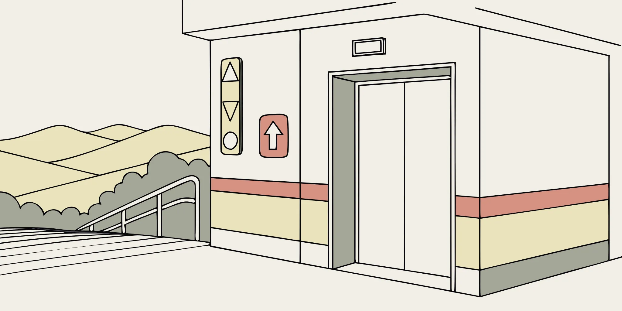 Color-coded parking garage wayfinding graphics near a pedestrian elevator zone