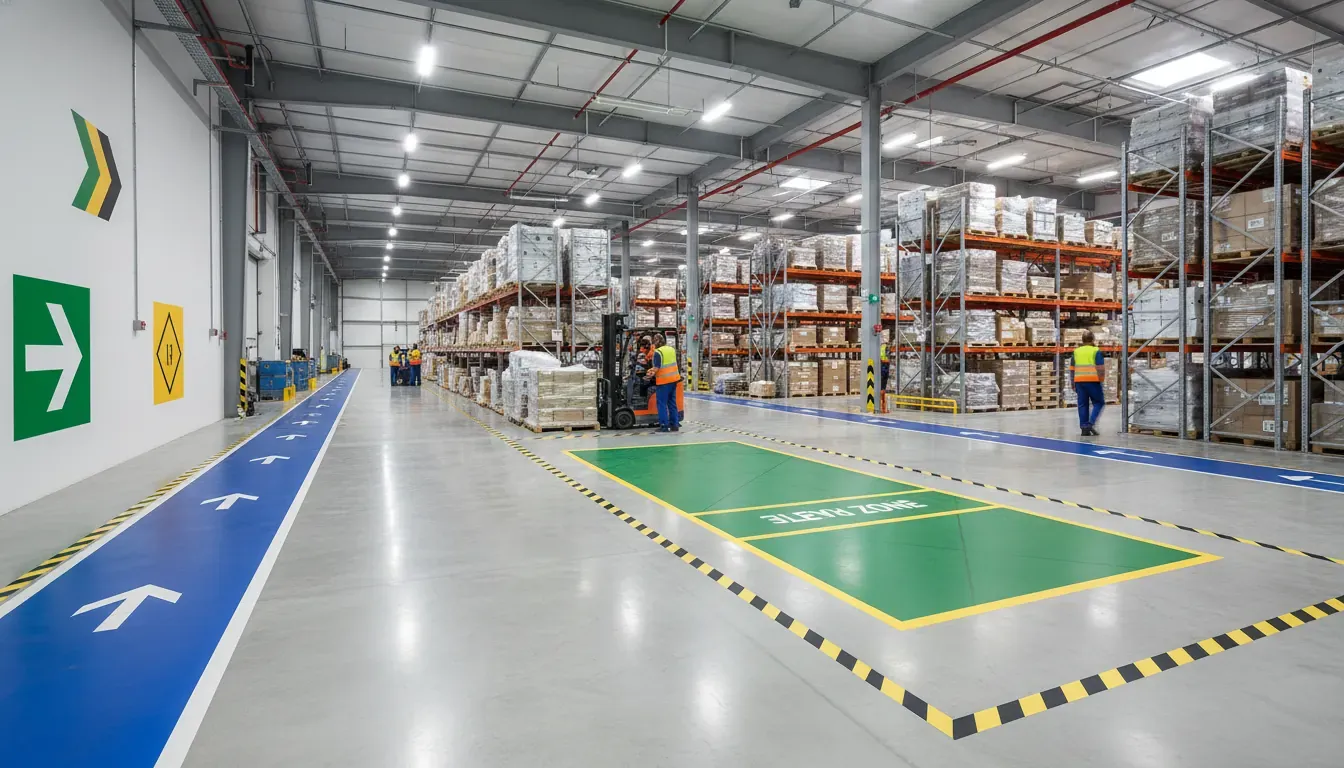 Industrial wayfinding graphics guiding traffic through a warehouse facility