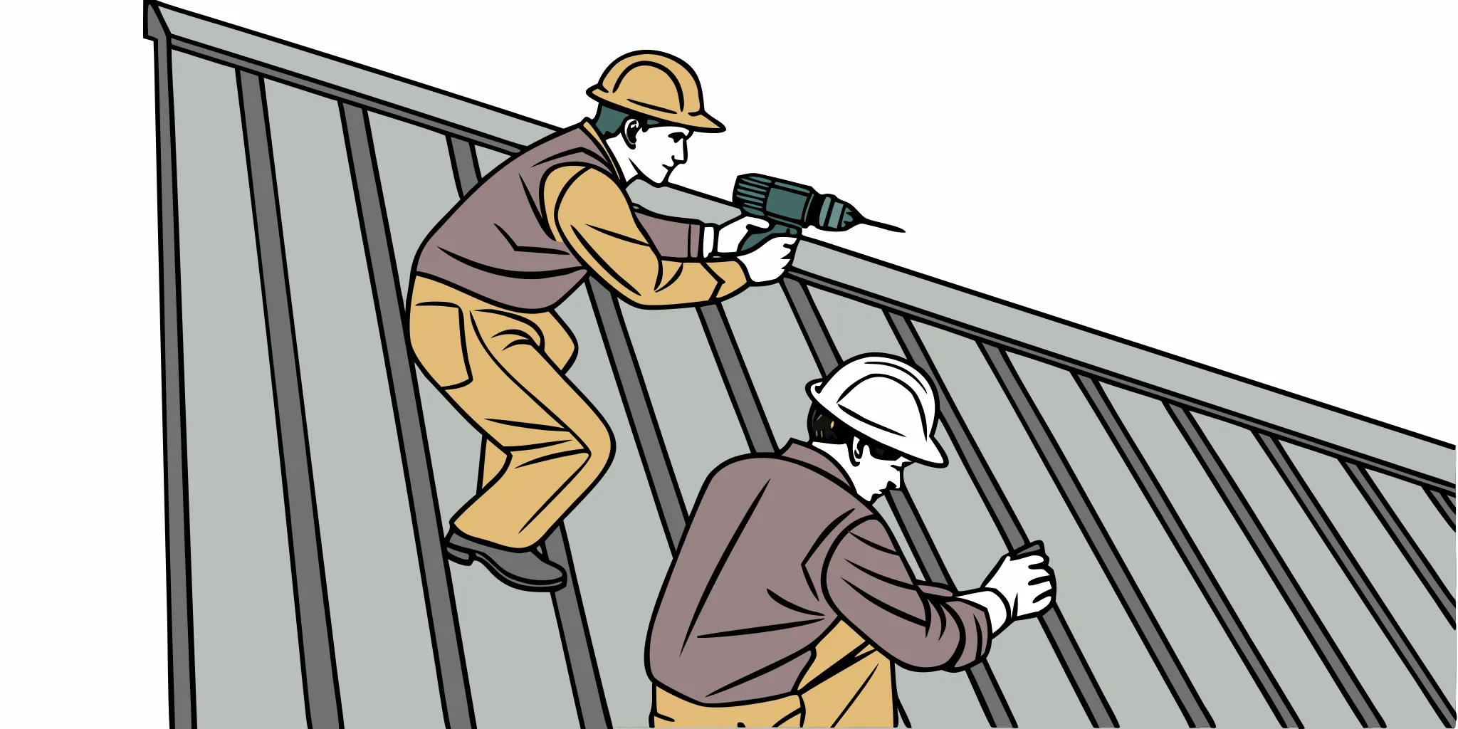 Sign installers mounting hardware on a corrugated metal exterior wall with professional tools during commercial signage installation