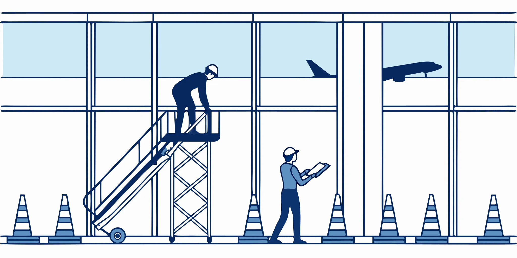 Installer preparing airport advertising graphics installation in a terminal concourse