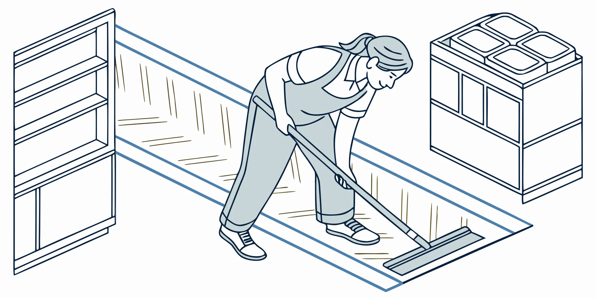 Installer applying grocery store floor graphics with a squeegee in a retail aisle