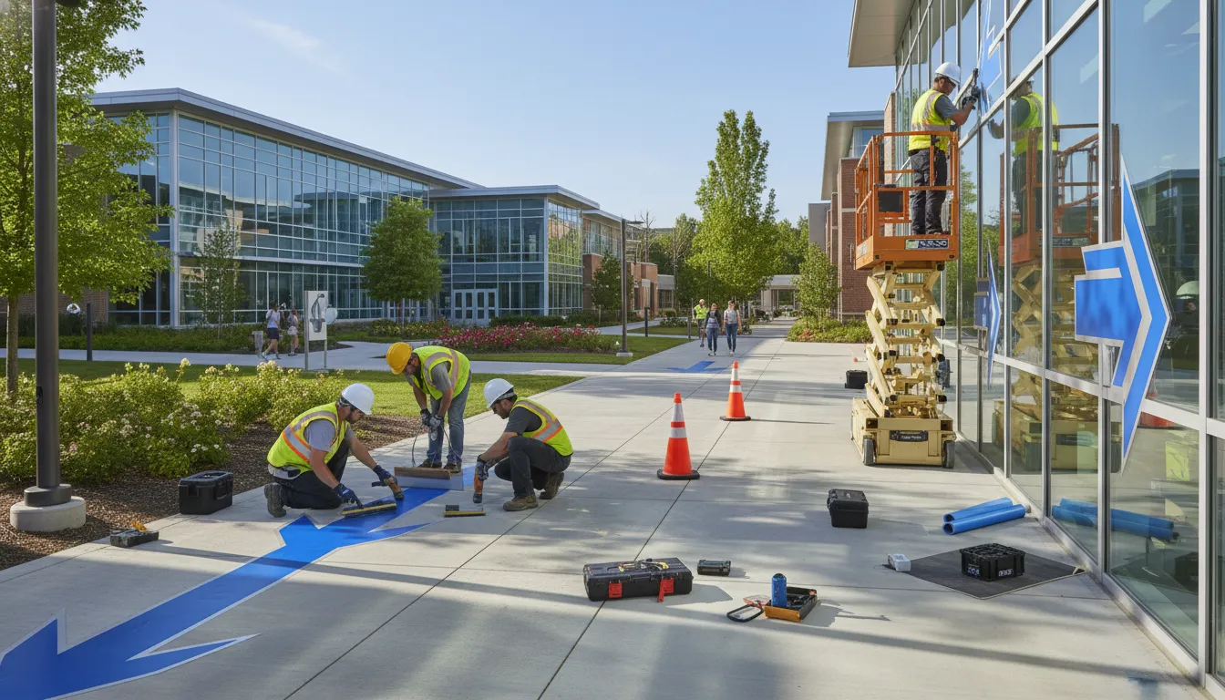 Certified installers applying campus wayfinding graphics across facility surfaces