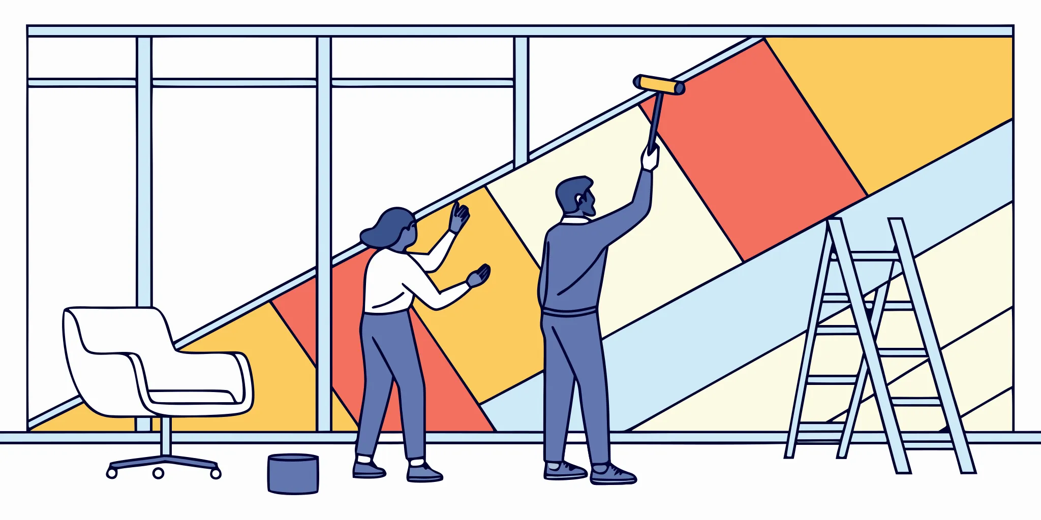 Installers applying wall murals for office branding to a modern office reception wall