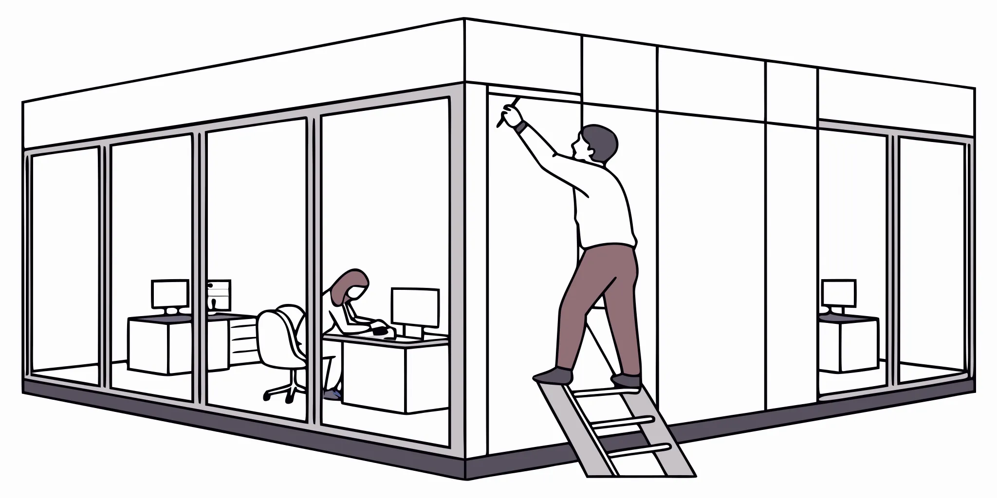 Office rebrand graphics installation in a modern corporate workspace