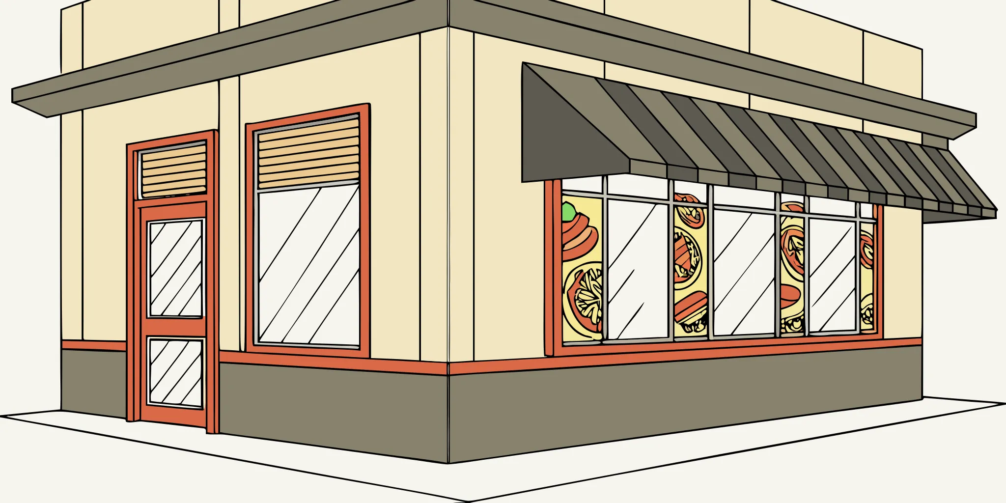Restaurant exterior with window graphics and drive-thru menu board branding