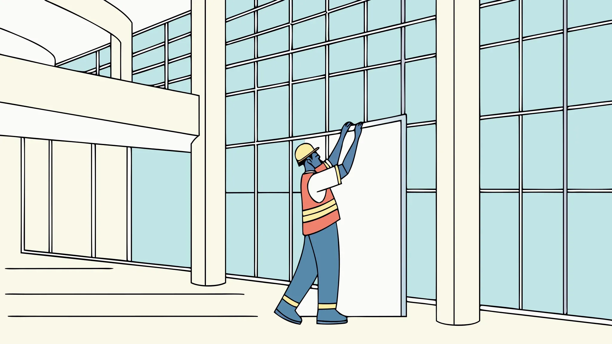 Installer applying sponsor wall graphics in a convention center lobby