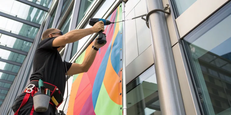Professional using a drill for banner installation on a building.