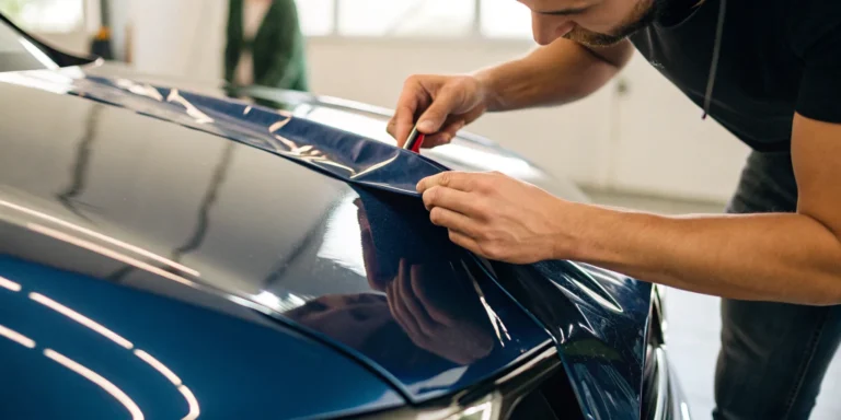 A professional demonstrates how to wrap a car hood with vinyl for a smooth finish.