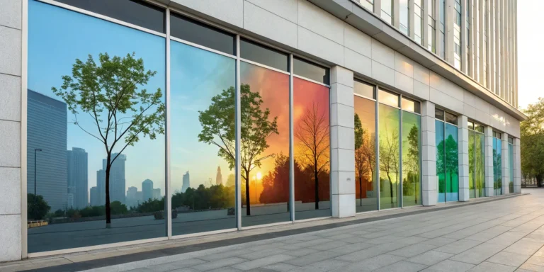 Modern business building with colorful window graphics.