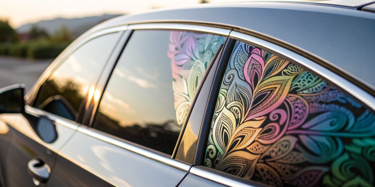 A custom-cut vinyl decal on the rear window of a car.