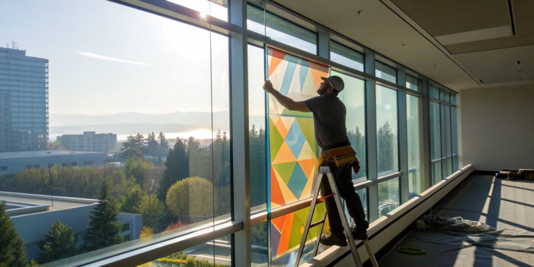 3M preferred graphics installer applying window film in a modern office building.