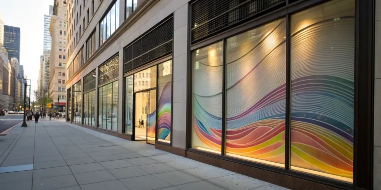 A business storefront with vibrant window graphics used for branding and promotion.