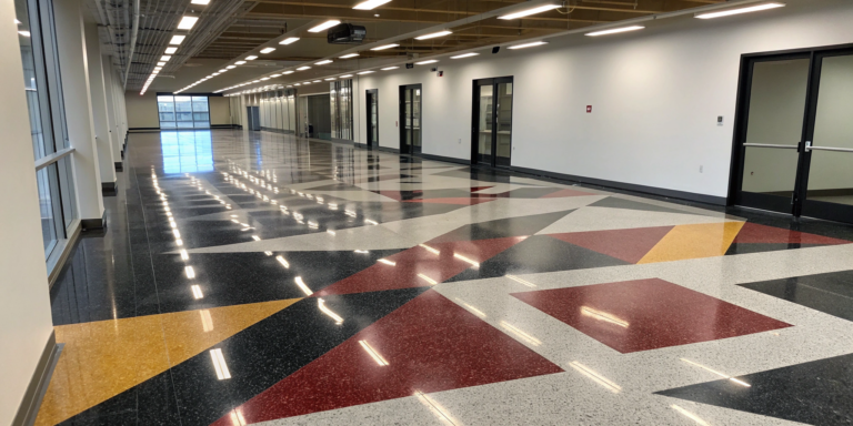 Custom floor decals for social distancing guide people in a polished hallway.
