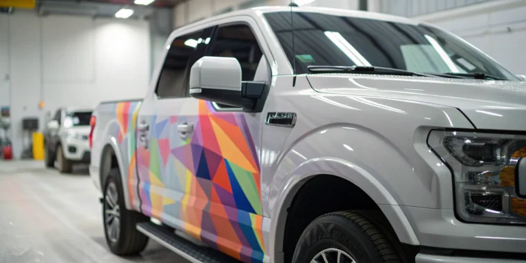 A white pickup getting a custom design from one of the best truck wrap installation companies.