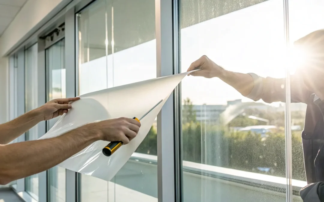 Two professionals performing a window vinyl installation on a large glass window.