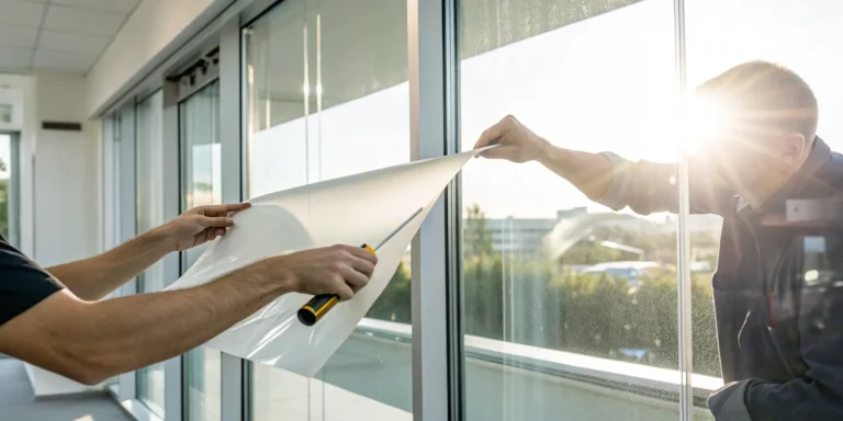 Two professionals performing a window vinyl installation on a large glass window.