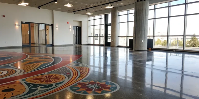 Colorful floor decals for branding and guiding guests at a large corporate event.