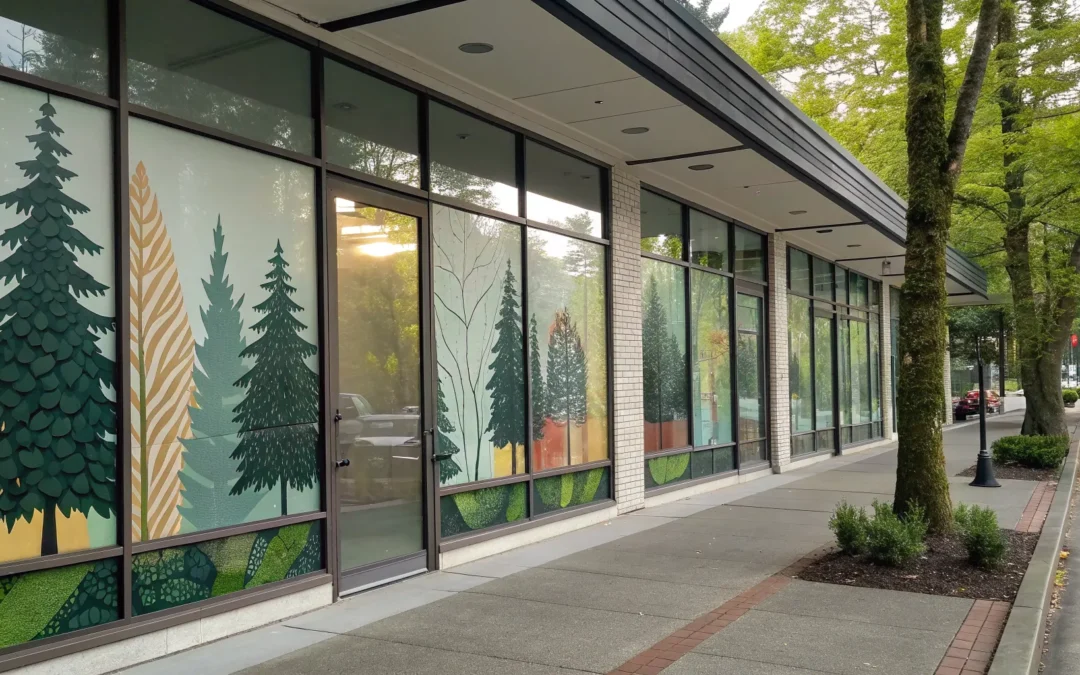 Large tree-themed window decals on a business storefront for branding and privacy.
