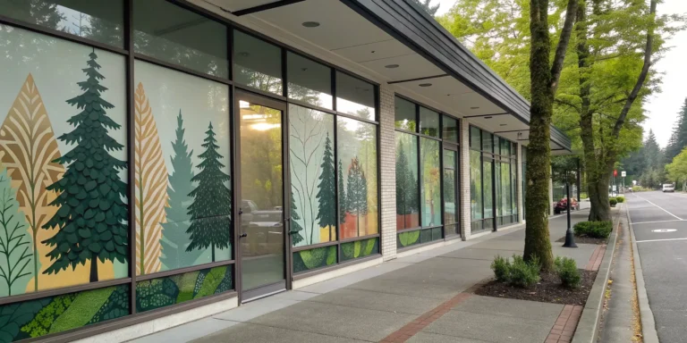 Large tree-themed window decals on a business storefront for branding and privacy.
