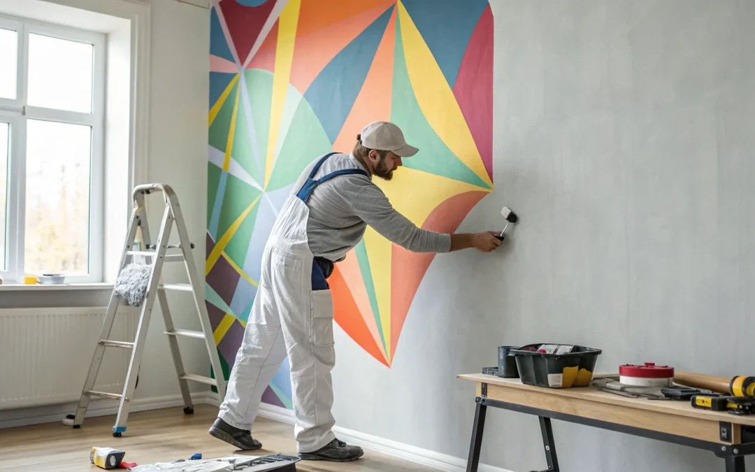 Professional installer applying a large, colorful graphic during a wall mural installation service.