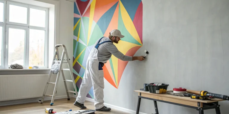 Professional installer applying a large, colorful graphic during a wall mural installation service.