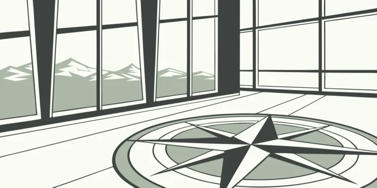 Custom compass floor decal for a business in a modern Seattle office with a mountain view.