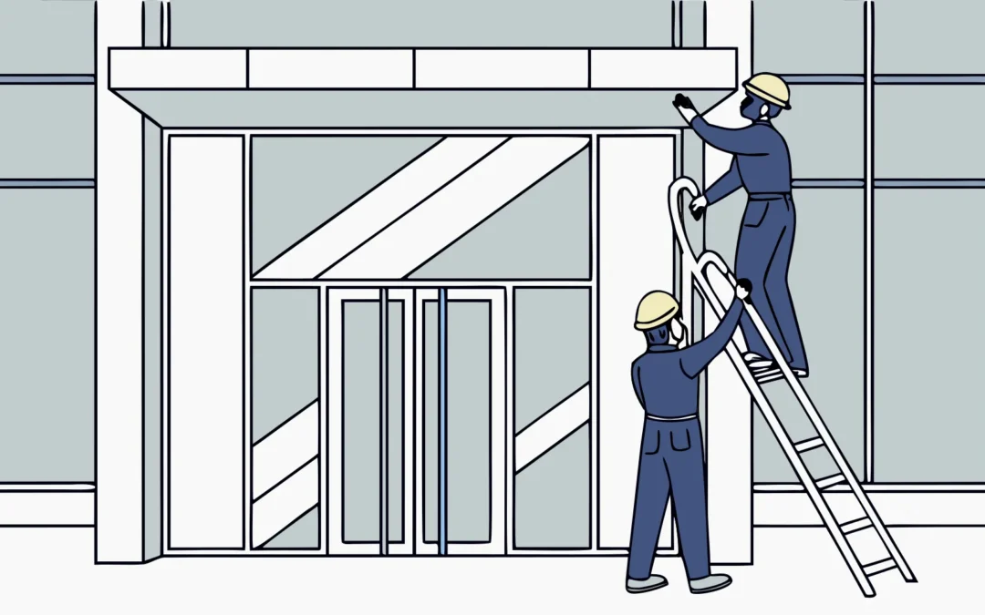 Professional banner installation service with workers on a ladder at a building entrance.