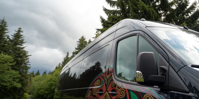 A commercial vehicle with a detailed wrap, a primary factor in its installation cost.