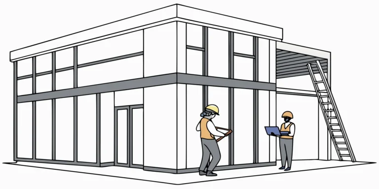 Professional workers installing a large building wrap on a commercial property.