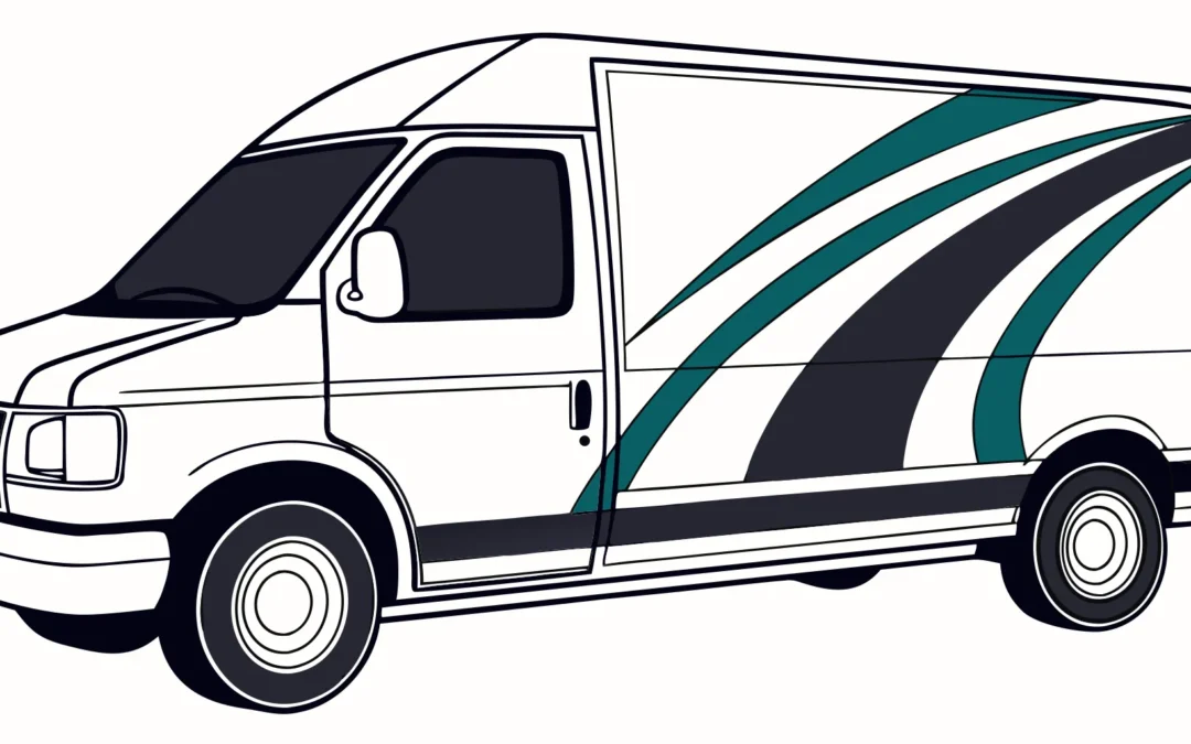 A business van featuring a custom vehicle wrap with bold graphics and clear branding.