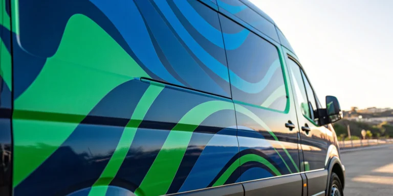 A van with a custom commercial vehicle wrap featuring blue and green graphics to promote a business.