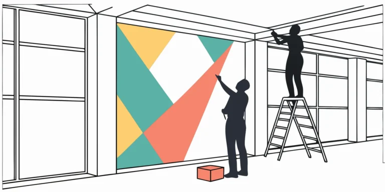 Experiential graphics installer team completing a colorful, geometric wall installation.
