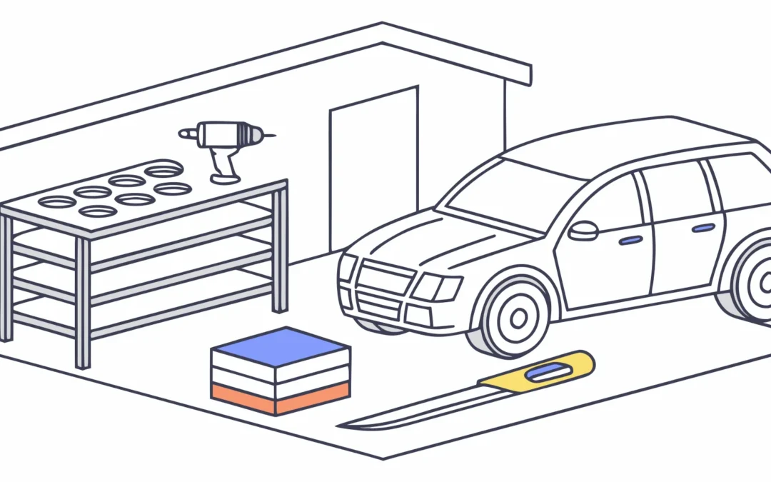 SUV, vinyl wrap, and tools in a garage showing the factors that affect fleet graphics installation cost.