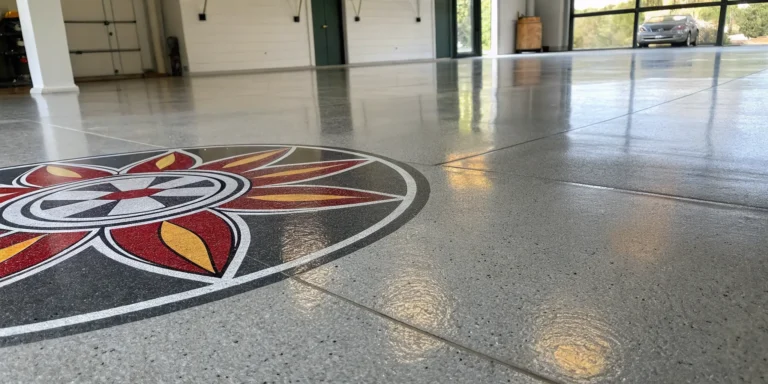A durable, colorful floor decal professionally installed on a clean concrete floor.