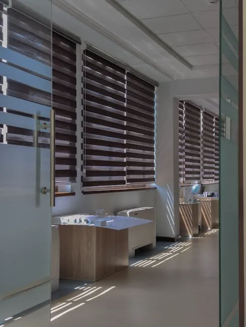 Office hallway with glass doors and modern blinds