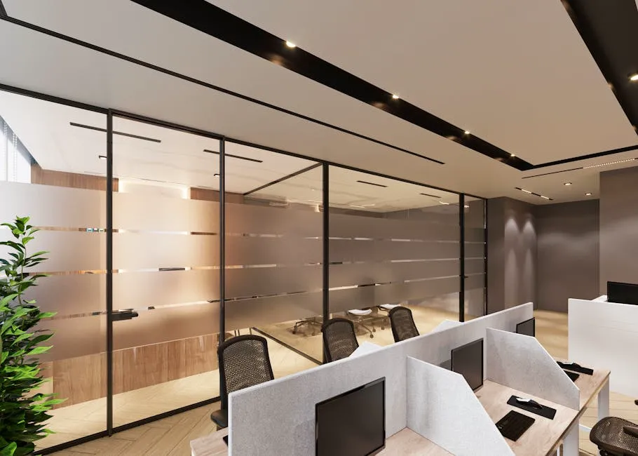 Contemporary office space with frosted glass partitions