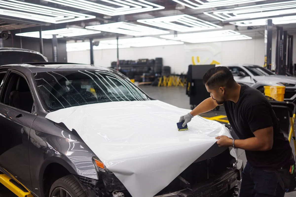 Professional car wrap being applied to vehicle in clean workshop