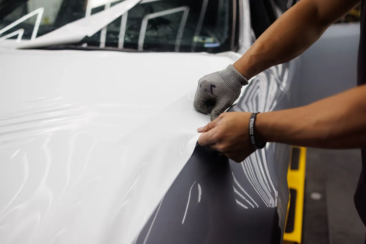 Installer using heat gun on car wrap around bumper curves