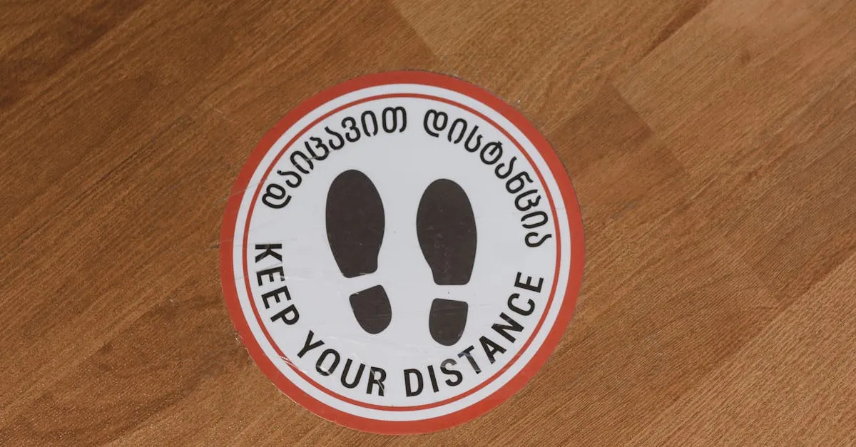 Removable floor decal with safety messaging applied to a commercial wood floor