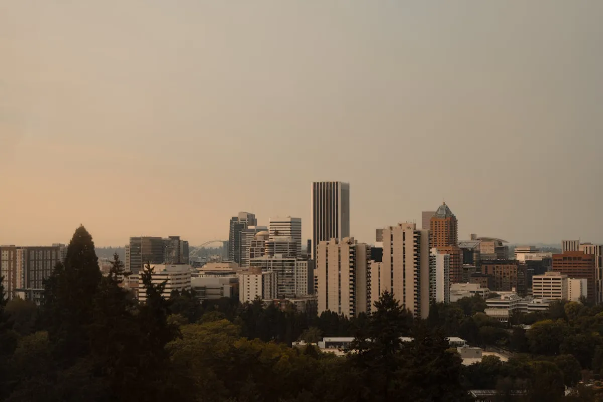 Portland Oregon cityscape with downtown buildings, a growing market for business window graphics installations