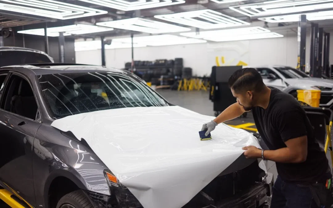 Professional vinyl wrap being applied to a car hood in a clean installation shop