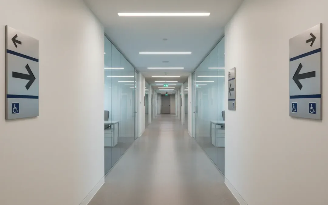 Modern commercial building hallway with ADA compliant wayfinding signage and directional signs