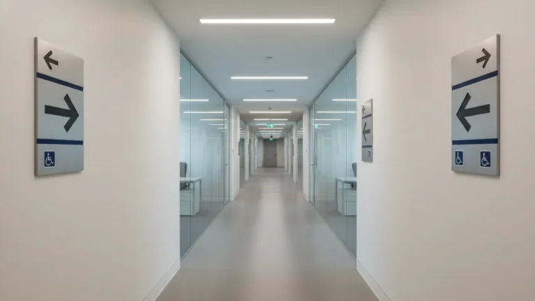 Modern commercial building hallway with ADA compliant wayfinding signage and directional signs