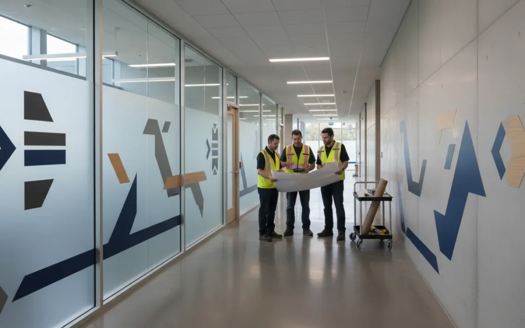 Campus wayfinding graphics installation on a modern school corridor