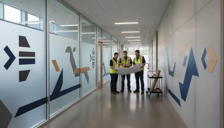 Campus wayfinding graphics installation on a modern school corridor