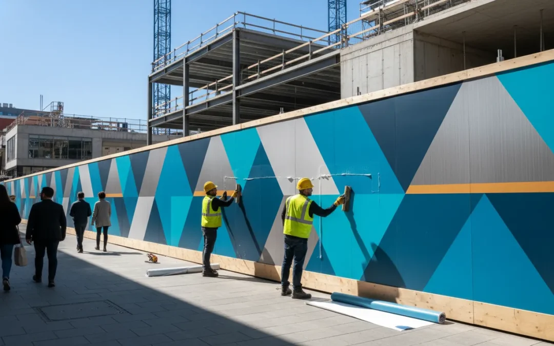 Construction wall graphics installation on a branded job site perimeter