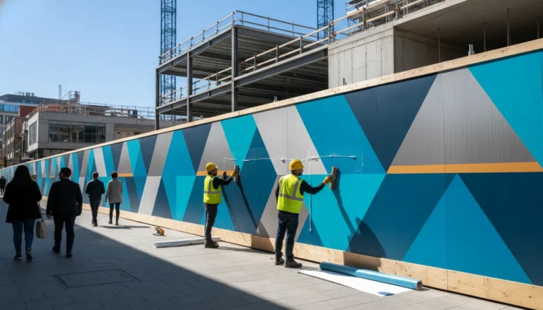Construction wall graphics installation on a branded job site perimeter