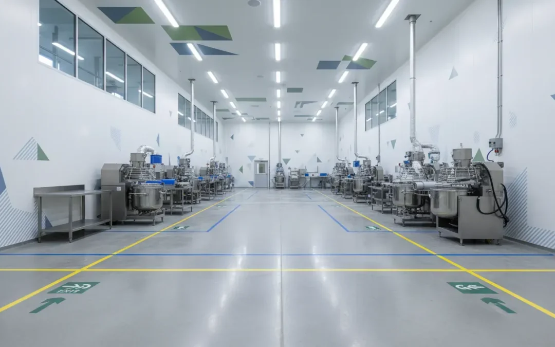 Facility graphics for food manufacturing plants with wall graphics and floor safety markings