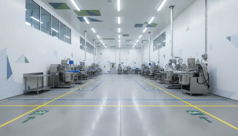 Facility graphics for food manufacturing plants with wall graphics and floor safety markings