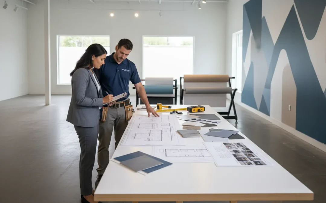 Operations manager reviewing a franchise graphics rollout checklist with a certified vinyl installer in a retail space